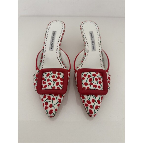 Manolo Blahnik Shoes - Manolo Blahnik Maysale Buckle Red Floral Pointy Toe Mule Kitten Heel EU 36.5 6.5
